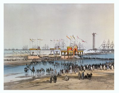 ジュールディディエ（1831-c.80）によって刻まれた、1869年の皇后エウジェニーによるスエズ運河の就任式のためのポートサイドの「テデウム」（オリジナルのwc 82990を参照） 作： Edouard Riou